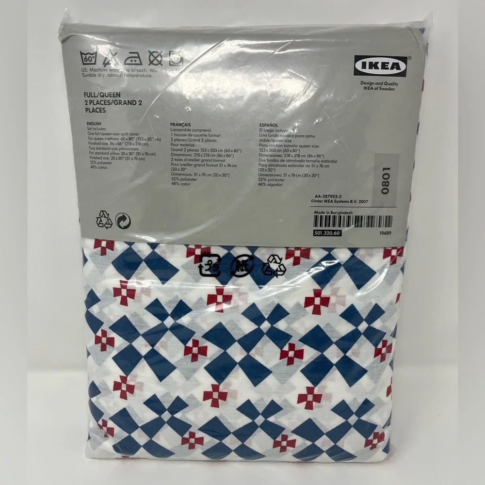 IKEA FYRKLOVER Cotton Bed Cover Duvet Full Queen 2 Pillow Cases Red Blue NWT